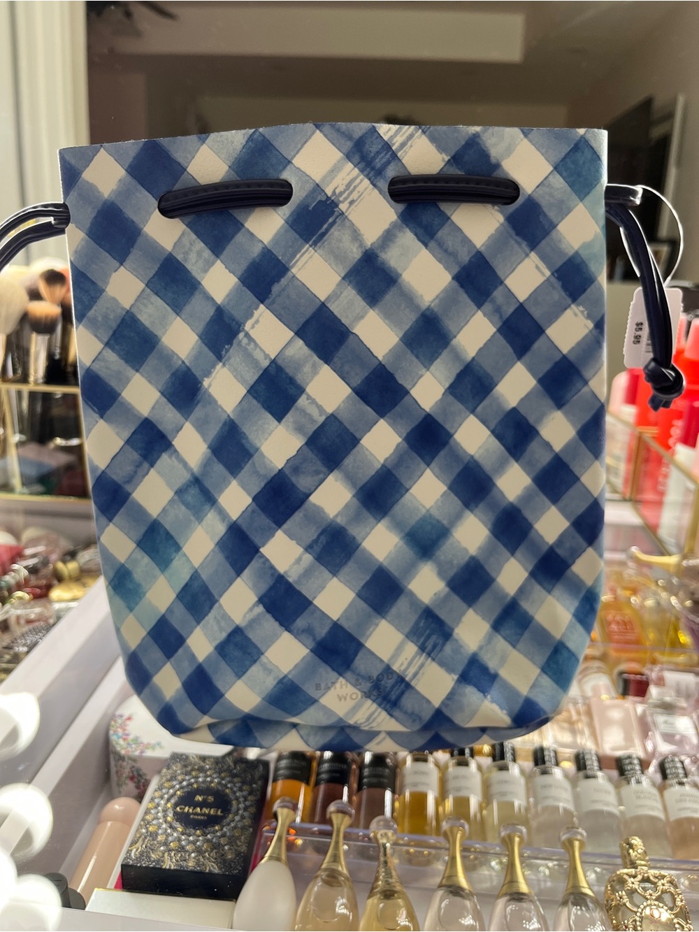 New Bath & Body Works Gingham Women’s Drawstring Bucket Bag. Small Pouch.